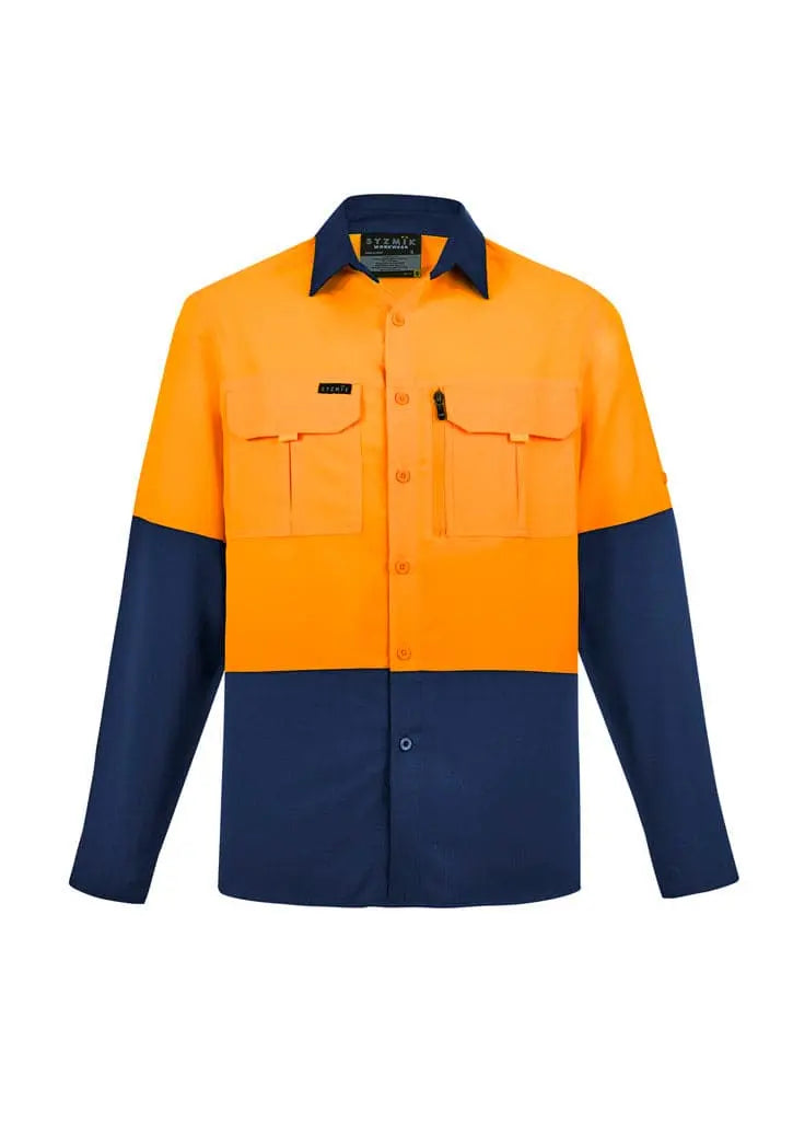 SYZMIK mens hi vis outdoor long sleeve shirt ZW468 Work Wear Syzmik Orange/Navy XXS